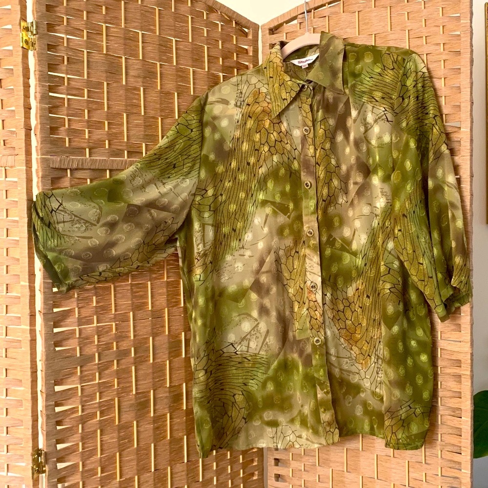 90s Vintage sheer blouse with unique buttons and wild fabric